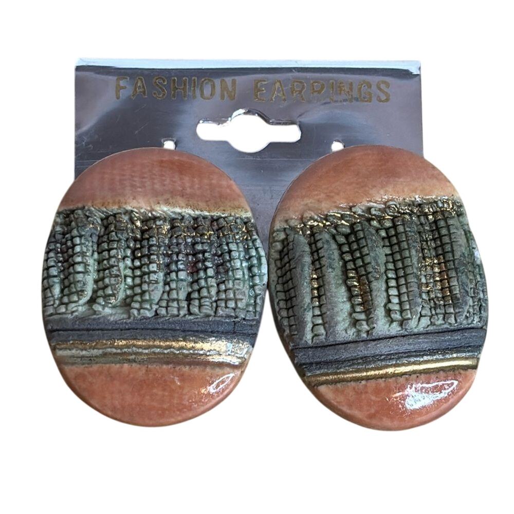 Vintage Brown Ceramic Clip On Earrings Textured Artisan Studio Pottery